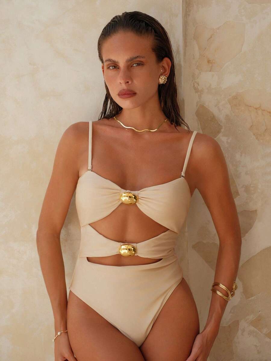 Swim Chiccia Women's Sexy Metal Jewelry Spaghetti Strap One Piece Swimsuit, Beach Vacation For Summer - Khaki - View 1
