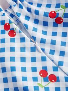 SHEIN MOD Plus Size Women Blue & White Plaid Crop Top With Tie Straps & Short Flared Skirt Set, Vacation Countryside Outfit