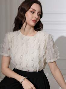 Modelyn Women Applique Decor Round Neck Loose Fit Short Sleeve Blouse - Apricot - View 8