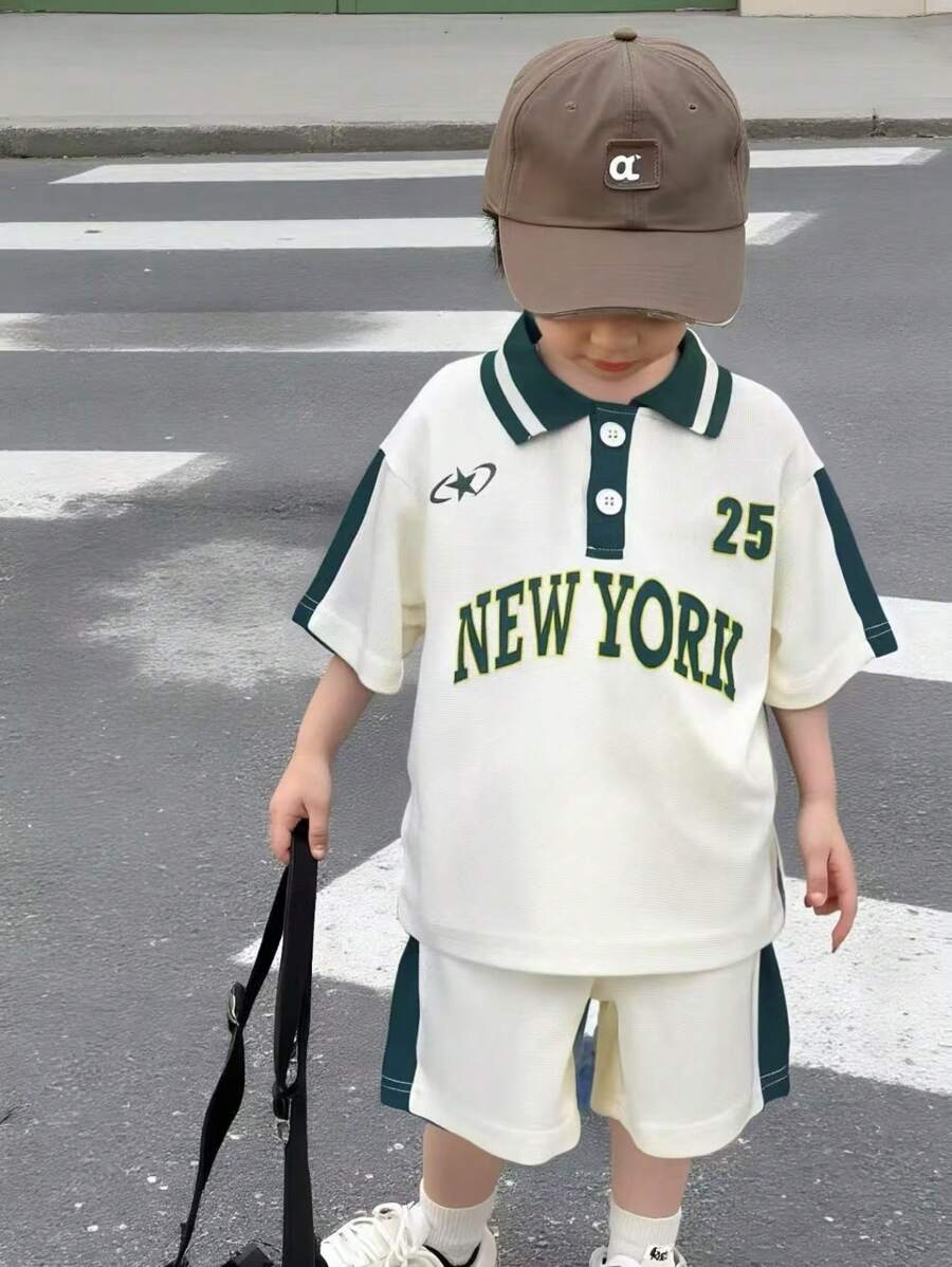 SHEIN 2pcs/Set Young Boys Short Sleeve Printed Polo Shirt + Matching Shorts, Versatile & Comfortable, Suitable For Daily Wear, Outdoor Activities, Travel, School, Spring/Summer