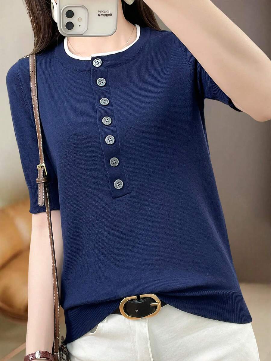 SHEIN LUNE Plain Button Decor Casual Pullover Knit Top, Korean Style - Royal Blue - View 1