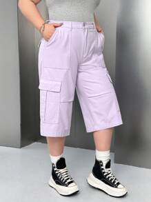 SHEIN EZwear 大码休闲纯色七分工装牛仔裤 - 淡紫色 - 查看 4