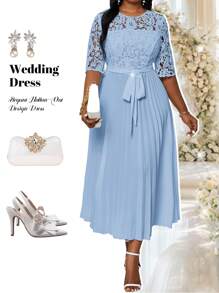 Fleurora Plus Size Holiday Casual Solid Color Lace Splice Empire Waist Pleated Hem Summer Dress Fall Women Clothes Fall Women Dresses Valentine Day Valentines Clothes Valentine Day Dress Valentines Dress Festival Outfits For Women Valentine Day Outfit Women