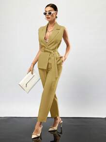 Aveloria Modichic Lapel Neck Belted Vest Blazer & Pants  - Yellow - View 1