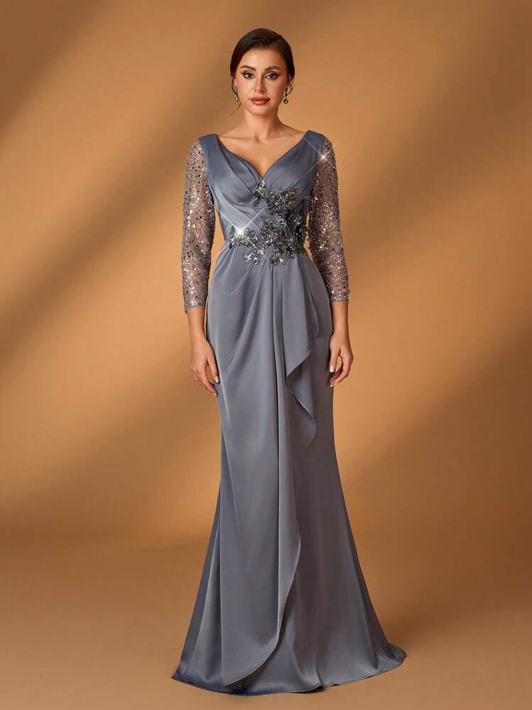 Serin 优雅奢华 3D 珠饰、亮片和蕾丝贴花网眼长袖缎面褶皱美人鱼连衣裙，适合婚礼、单身派对、节日、舞会、新娘母亲晚礼服 - 深灰色 - 查看 6