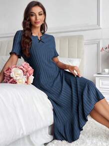 Women's Contrast Trim Bow Accent House Dress Bowknot - Royal Blue - View 4