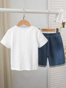 SHEIN Genkimix Kids 2pcs Young Boy Soft Knit Wavy Crew Neck Short Sleeve Tee & Ripped Denim Shorts Set, Suitable For Outdoor & Street Wear - Multicolor - View 2