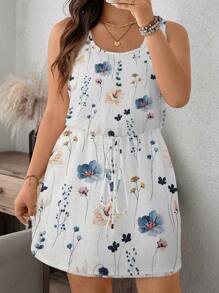 SHEIN LUNE Plus-Size Women'SSummer Outfits For Women Flower Print Knitted Fabric Crew-Neck Sleeveless Dress Boho/Bohemian,Holiday Outfits,Resort Dresses,  Outdoor Essential For Daily Wear Sundress