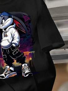 SHEIN Áo thun tay ngắn cổ tròn in hình thỏ hoạt hình dễ thương, phong cách giản dị cho bé trai tuổi mới lớn, phù hợp cho mùa hè - màu đen - Xem 4