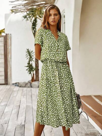Breezaya Dalmatian Print Drawstring Waist A-Line Dress Maxi Vacation Beach Outfits Women