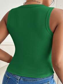 SHEIN VCAY Plus Size Women's Solid Color Round Neck Ribbed Slim Fit Green Tank Top - Olive Green - View 2