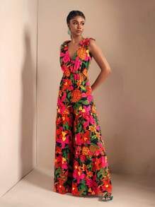 Zivah Mono sin mangas con estampado floral y detalle anudado en los hombros, estilo de vacaciones para mujer