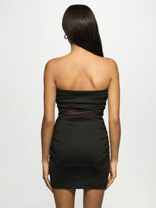 MISSGUIDED Bandeau Strapless Mini Dress With Sheer Mesh Panel Evening Clubwear Ruched Knot Detail Bodycon Party Dress