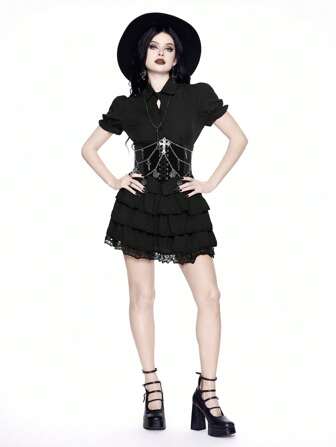 Grunge Punk Y2K Style Black Puff Sleeve Cinched Waist Shirt, Minimalist & Fashionable For Summer,Summer,Summerouis ,Summer Cothes