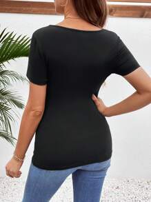 Modmama 3pcs/Set Maternity Casual Solid V-Neck Short Sleeve T-Shirts, Black/White/Gray, Fitted, Suitable For Summer - Hot Pink - View 9