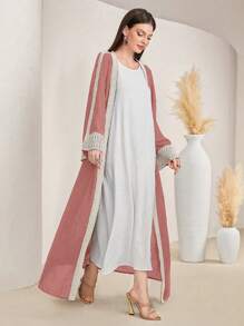 Al Najma Patchwork Ribbon Decor Loose Abaya With Bell Sleeves And Open Front, Muslim Fashion Abaya For Casual/Festival/Gathering/Travel, Modest Robe - Dusty Pink - View 4