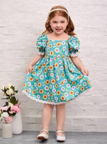 SHEIN Young Girl Ditsy Floral Puff Sleeve Fitted Mini Dress