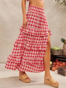 WESTFADE Western Country Spring Floral Embroidered Gingham Smocked High Waist Ruffle Tiered Skirt With Slit Summer Beach Vacation - Red - View 3