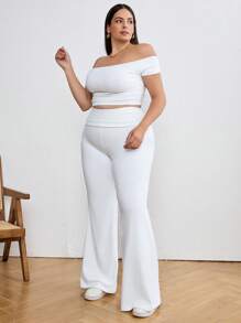 SHEIN Tall CURVE Plus Size Solid Color Off Shoulder Cropped Top Flared Pants Two Pieces Set - White - View 5