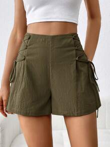 SHEIN Essnce Pantalones cortos de verano casuales de mujer hechos de algodón y lino con nudo lateral en forma de A