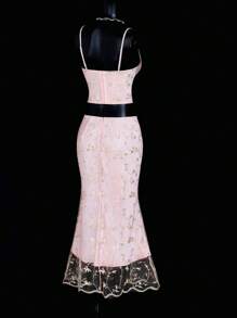 SHEIN ICON Palace-Style Embroidered Fabric Boned Bustier Top And Fish Tail Skirt 2 Pieces Set For Women - Pink - View 11