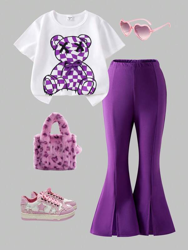 SHEIN 2 buc/Set Tricou alb pentru fetiță cu mânecă scurtă, cu imprimeu și fundă de urs violet, pantaloni evazați violet, ținută de zi cu zi de vară pentru fetiță