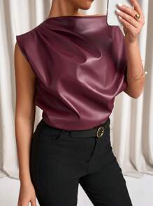 SHEIN Clasi 优雅女士夏季金色斜肩领褶皱衬衫，适合各种场合，日常通勤，旅行等 - 金色 - 查看 2