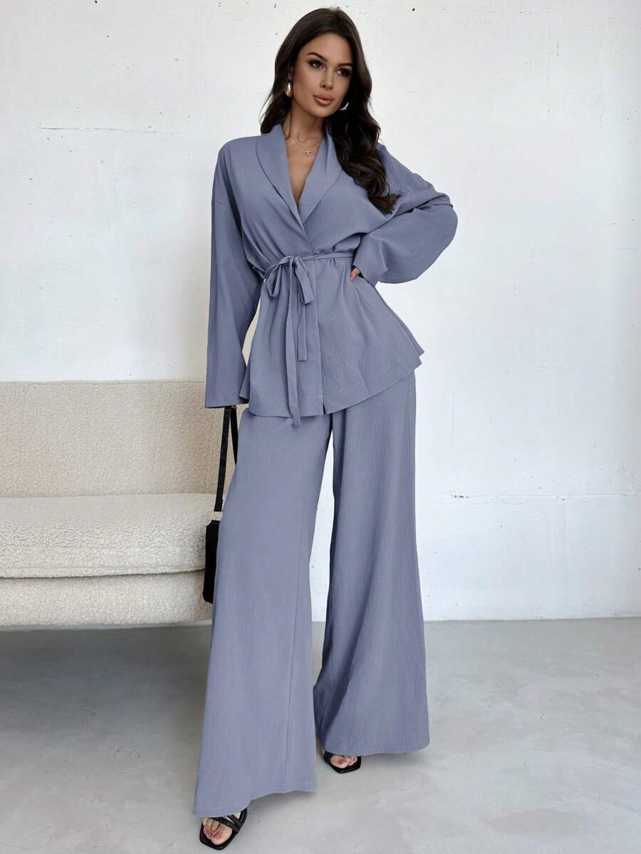 Firerie Casual Elegant Women Summer/Autumn Shacket With Lapel, Waist Tie, Loose, And High Waist Relaxed Pants, Suitable For Vacation, Commuting, Office