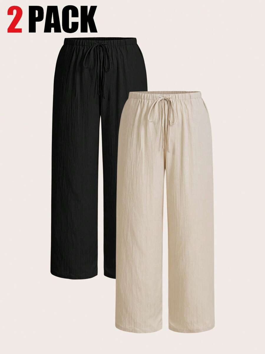 SHEIN EZwear 两件套加大码女式沙滩度假裤，弹力腰直筒休闲工作裤，适合早午餐场合，杏色和黑色休闲裤，春夏款