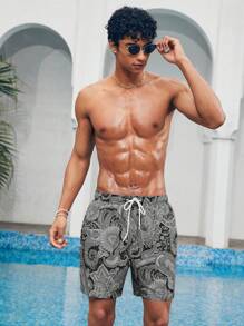 Manfinity Shorts de playa con cordón para hombre con estampado de paisley
