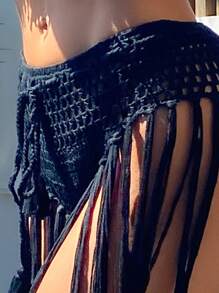 Swim Vcay 2pcs/Set Handmade Crochet Solid Black Bikini Cover Up, Ibiza Outfit For Summer Beach Vacation