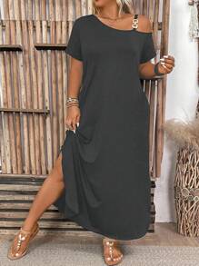 Einfaches tägliches Kleid Einfarbig für Damen mit Große Größen, als Outfit für Thanksgiving Maxikleid