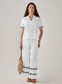 Florisole Conjunto de 2 piezas para mujer: pantalón recto holgado de vacaciones con cuello en V elegante y estampado de bordado floral