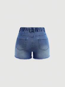 SHEIN Tween Girls Spring Summer Blue Washed Denim Elastic Waist Cinched Waist Ripped Snug Fit Denim Jeans Shorts With Raw Hem,Girls Summer Beach Boho Vacation Holiday Casual Short Outfits,Rave Concert Festival Outfits - Light Wash - View 2