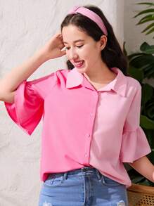 SHEIN Teen Girl Woven Color Block Shirt With Ruffled Collar And Loose Short Sleeves