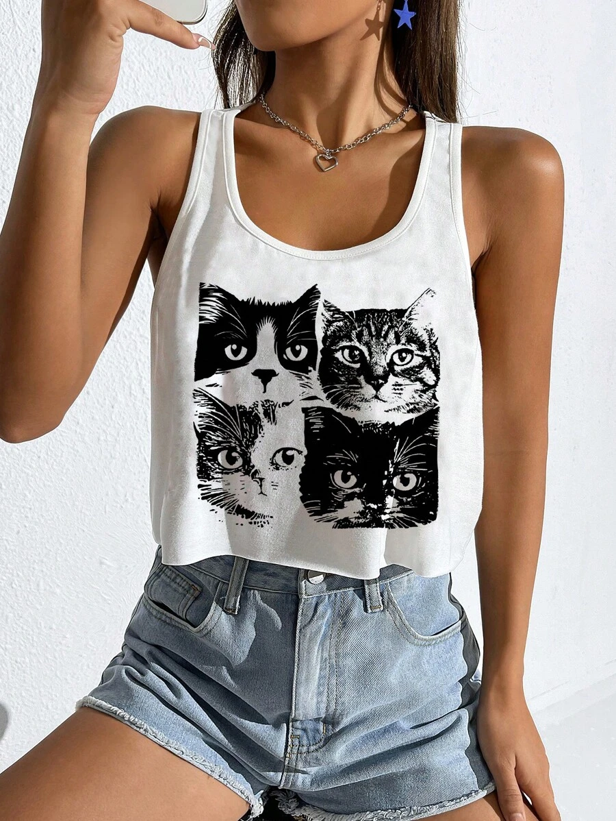 SHEIN EZwear 女士休闲黑白猫咪印花超大 U 领短款背心