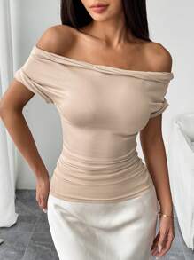 Chiquease Women Off Shoulder Turnup Hem Short Sleeve T-Shirt, Casual For Spring/Summer