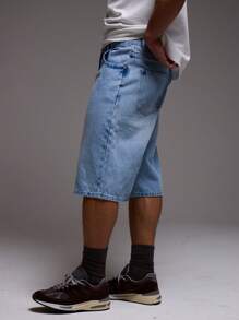 Pantalones cortos vaqueros de mezclilla lavada de corte largo para hombres, Y2K para primavera y verano - Azul - Ver 3