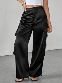SHEIN PETITE Streetwear Spring Festival Clothing Satin Work Pants Women Trousers With 3D Pockets