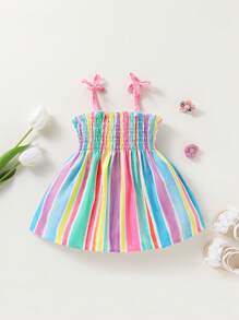 SHEIN Playful Pals Váy chữ A nơ sọc nhiều màu dễ thương cho bé gái, thích hợp cho các buổi đi chơi mùa xuân/hè và mặc hàng ngày - Nhiều màu - Xem 4