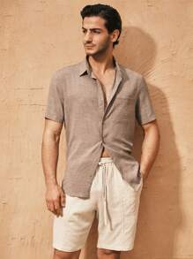 Manfinity VCAY Men's Slim Fit Turndown Collar Short Sleeve Casual Woven Shirt, Summer