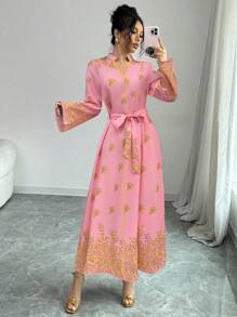 Chiquease Printed Stand Collar Long Sleeve Elegant Casual Long Dress For Women Maxi Women Outfit - Pink - View 5