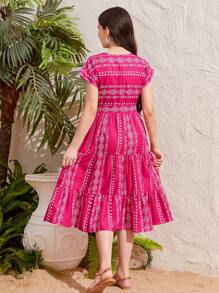 SHEIN 少女編織幾何圖案印花肩帶休閒連衣裙 - 玫紅色 - 查看 2