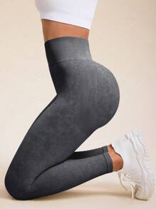 Gameset SHEIN Sport 女式高腰无缝纹理紧身瑜伽裤 - 黑色 - 查看 6