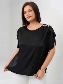 SHEIN Clasi Áo sơ mi tay ngắn màu trơn cỡ lớn, thời trang tối giản cho mùa hè - màu đen - Xem 6