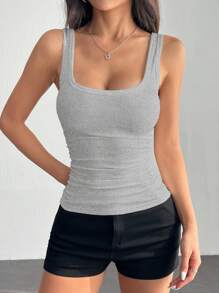 SHEIN PETITE Casual All-Match White Cami Top With Deep U-Neck And Racerback