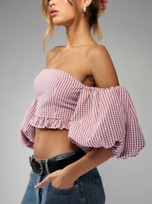 MISSGUIDED Puff Sleeve Gingham Crop Top Off Shoulder Ruffle Hem Bardot Summer Festival Trending Fashion Statement Piece Lightweight Vacation Holiday