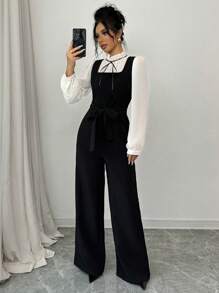 Elenzga 女式秋季拼色高腰直筒背带裤和衬衫两件套