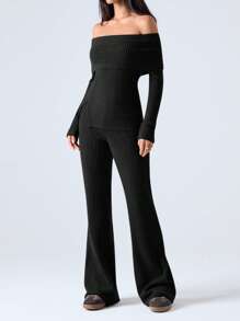 LYSMO 2 件套女士秋季休闲纯色露肩上衣和裤子套装