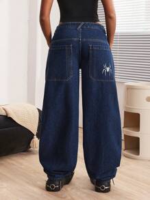 SHEIN ICON Quần Jeans Denim Ống Rộng Thiết Kế Túi Cho Nữ, Dáng Rộng, Thường Ngày, Đa Năng - Màu xanh lam - Xem 2